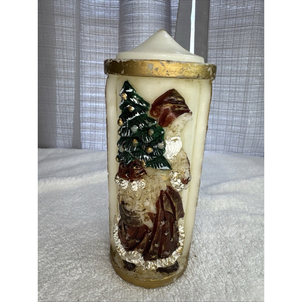 Vtg Father Christmas Candle Sculpted Carved 3-D Pillar Candle Not Burnt!!!